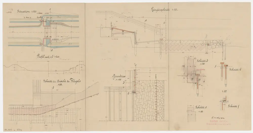 Glattfelden: Stockwehr, Ergänzungen am Wehr sowie Ansicht des Flügels; Situationsplan, Profil, Grundriss, Längsschnitt und Schnitte (Glatt-Gebiet Nr. 31)