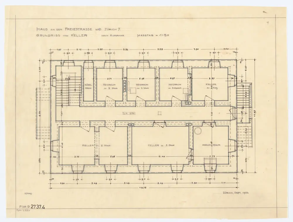 Haus Freiestrasse 15: Grundrisse und Querschnitt: Keller; Grundriss