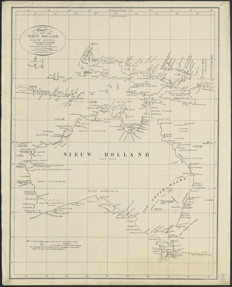 Kaart van Nieuw Holland, Nieuw Guinea, en omliggende eilanden : behoorende tot de door het Provinciaal Utrechtsch Genootschap bekroonde Verhandeling van R.G. Bennet en J. van Wyk Rz.