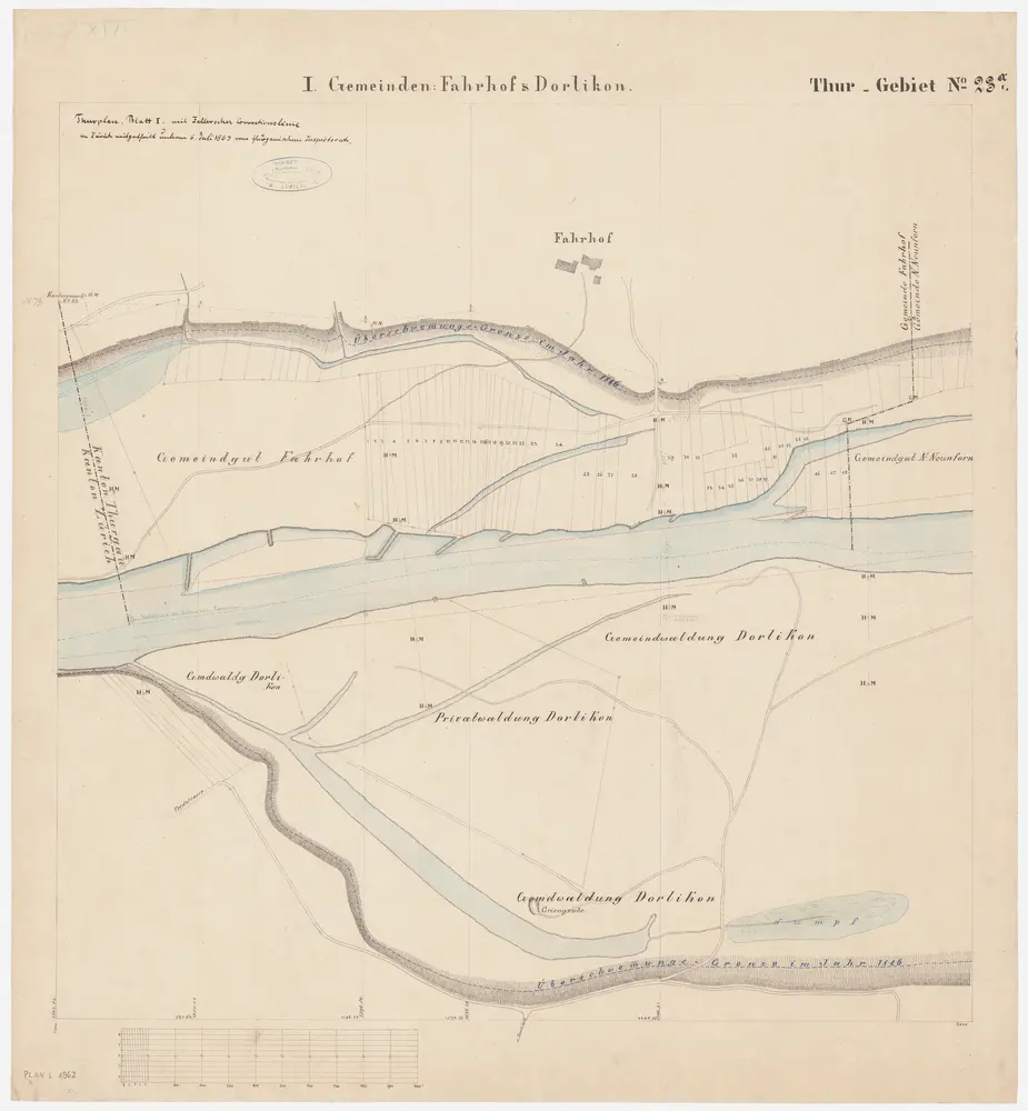 Blatt I: Niederneunforn TG, Oberneunforn TG, Thalheim an der Thur (damals Dorlikon): Thur; Situationsplan (Thur-Gebiet Nr 23 a)