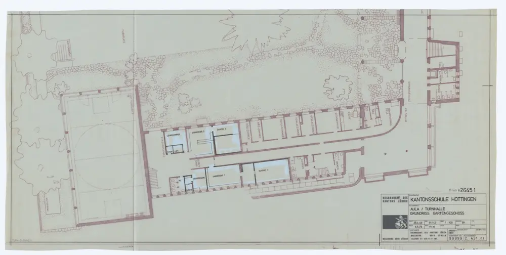 Kantonsschule Hottingen, Aula/Turnhalle und Hauptbau: Grundrisse: Aula bzw. Turnhalle, Gartengeschoss; Grundriss