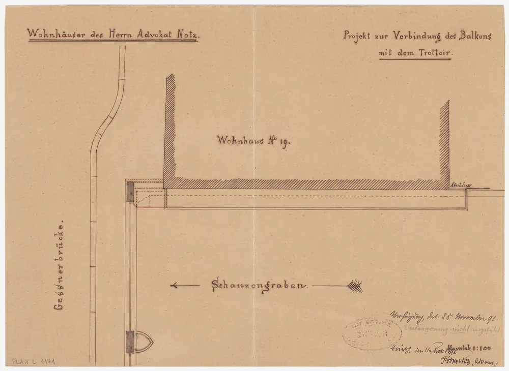 Enge, Zürich: Schanzengraben oberhalb der Gessnerbrücke, Wohnhaus Nr. 19, projektierte, nicht ausgeführte Verbindung des Balkons mit dem Trottoir; Situationsplan und Grundriss