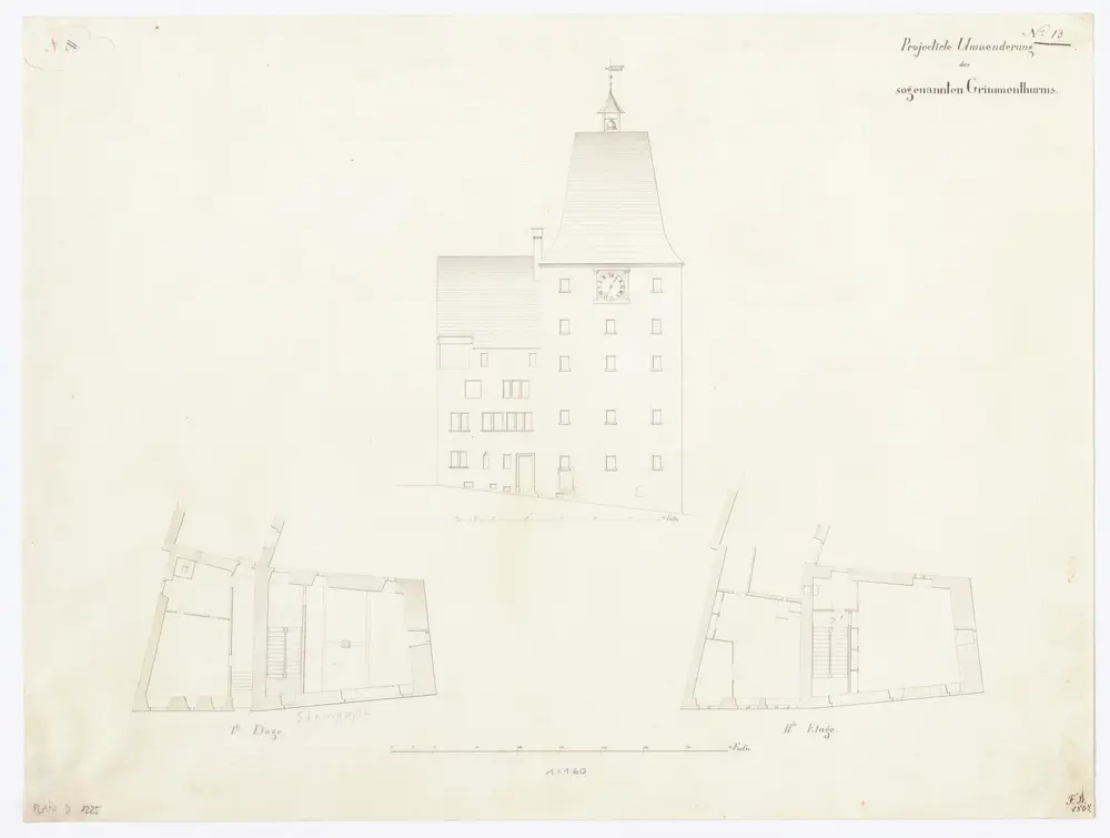 Grimmenturm: Projektierte Umänderung; Ansicht und Grundrisse