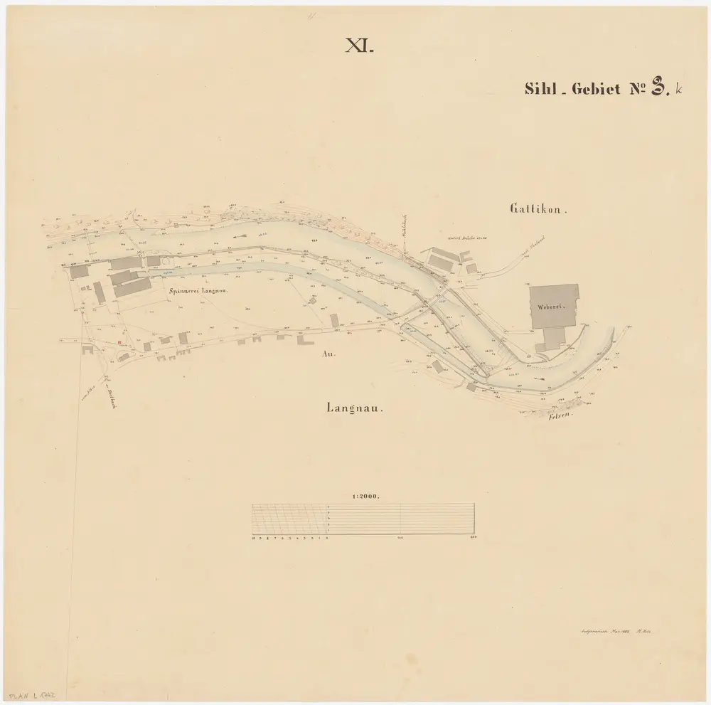 Langnau am Albis, Thalwil: Sihl von oberhalb des Wehrs bis unterhalb des Stegs der Spinnerei in Langnau; Situationsplan (Sihl-Gebiet Nr. 3 k)