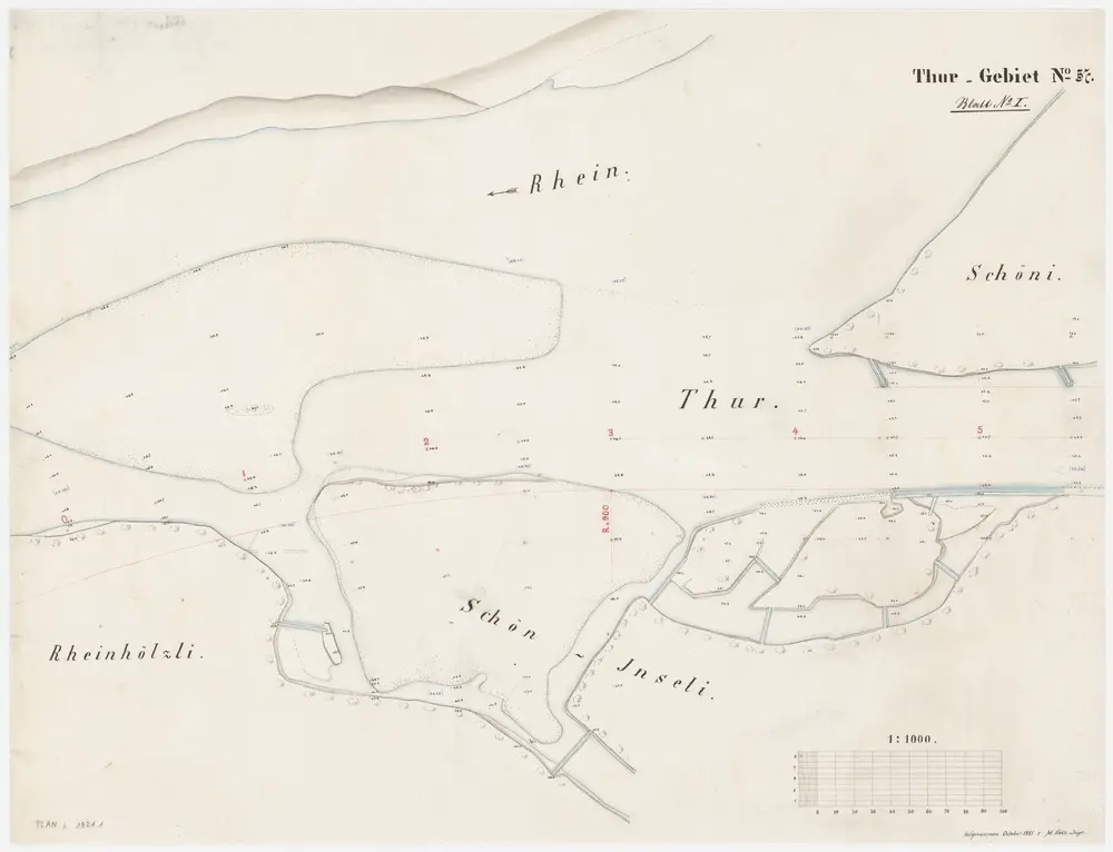 Andelfingen (damals Grossandelfingen), Kleinandelfingen, Flaach: Thur von oberhalb der Andelfinger Eisenbahnbrücke bis zur Einmündung in den Rhein, Thurkorrektion: Blatt I: Flaach: Rheinhölzli bis Schöni, Thurkorrektion; Situationsplan (Thur-Gebiet Nr. 57)