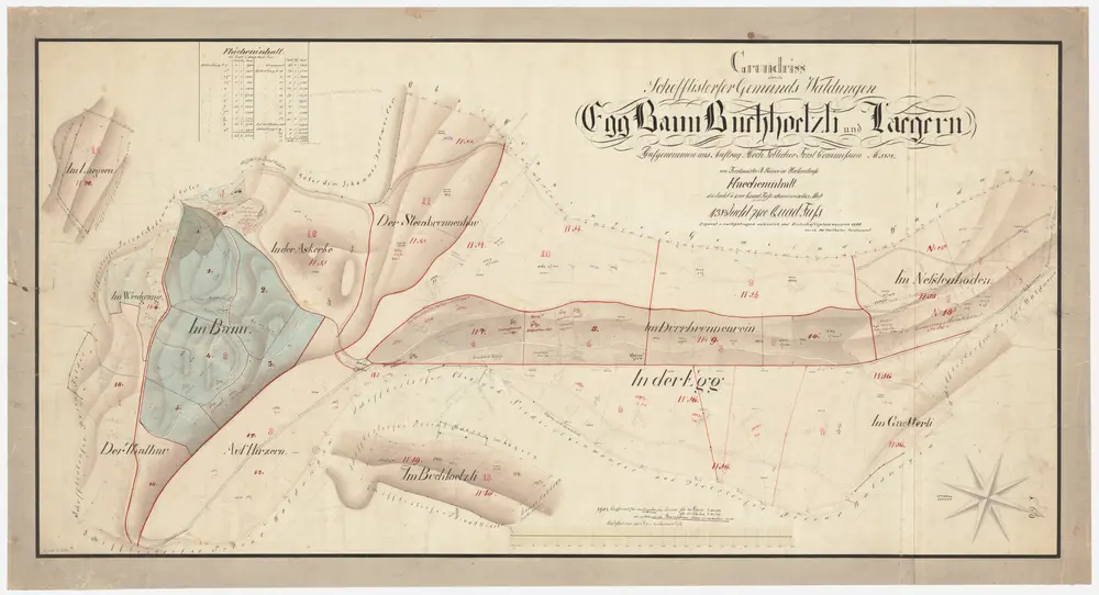 Schöfflisdorf: Gemeindewaldungen Lägern, Thalhau, Hirzeren (Hirzern), Weidgang, Bann, Askerben (Askerbe), Steinbrunnenhau, Egg, Dürrbrunnenrain (Dürrbrunnenrein), Nesslenboden, Gätterli, Buechhölzli (Buchhölzli); Grundrisse