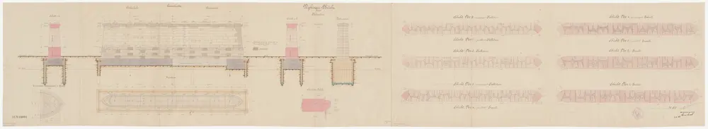 Zürich: Wipkingerbrücke über die Limmat, Umbau: Pfeiler; Ansicht, Grundrisse und Schnitte