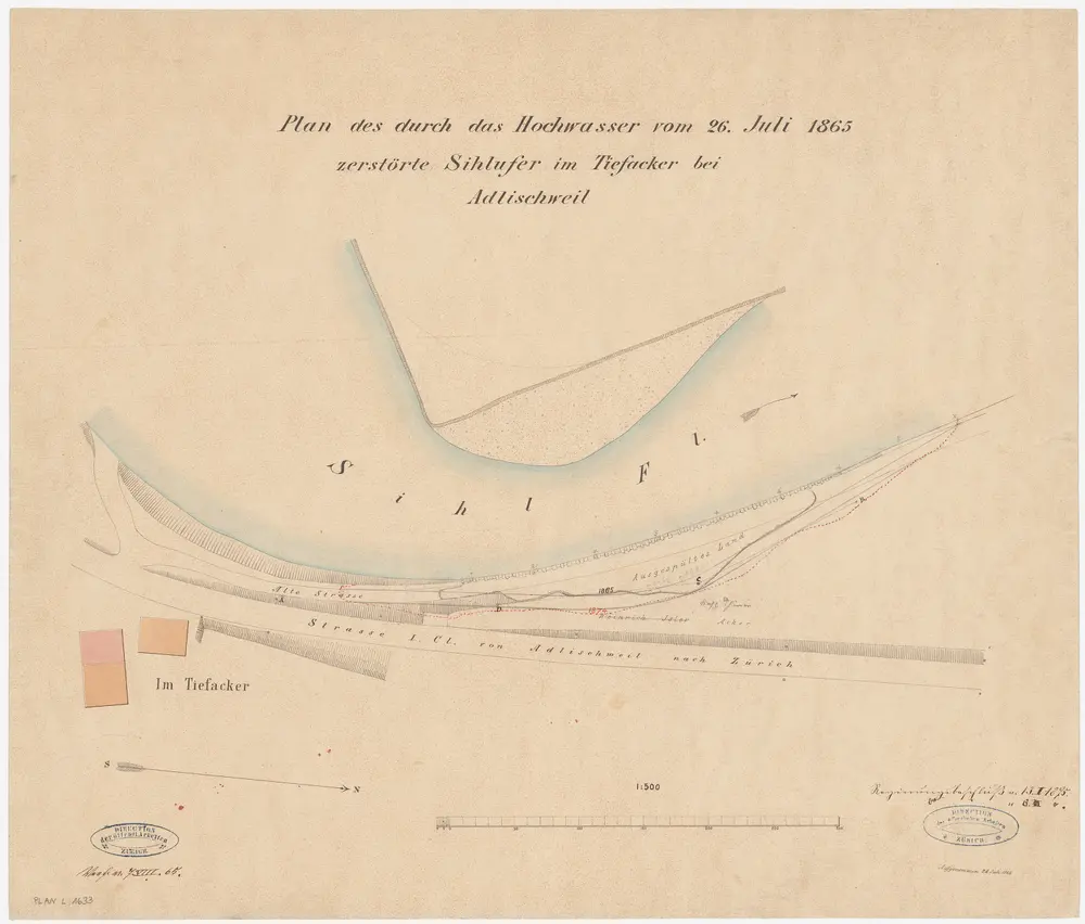 Adliswil: Sihl im Tiefacker, Uferbeschädigung durch das Hochwasser vom 26.07.1865; Situationsplan