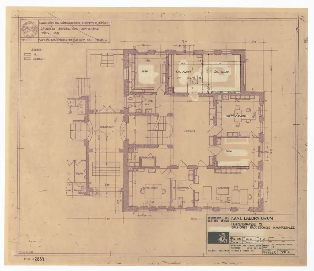 Laboratorium des Kantonschemikers, Fehrenstrasse 15: Grundrisse: Hauptgebäude, Erdgeschoss; Grundriss