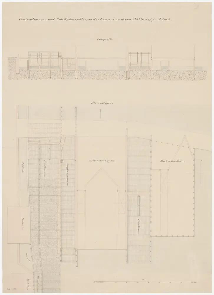 Zürich: Oberer Mühlesteg, Frei- und Schifffahrtsschleusen der Limmat; Grundriss und Querprofile (Zürichsee-Abfluss Nr. 1 a)