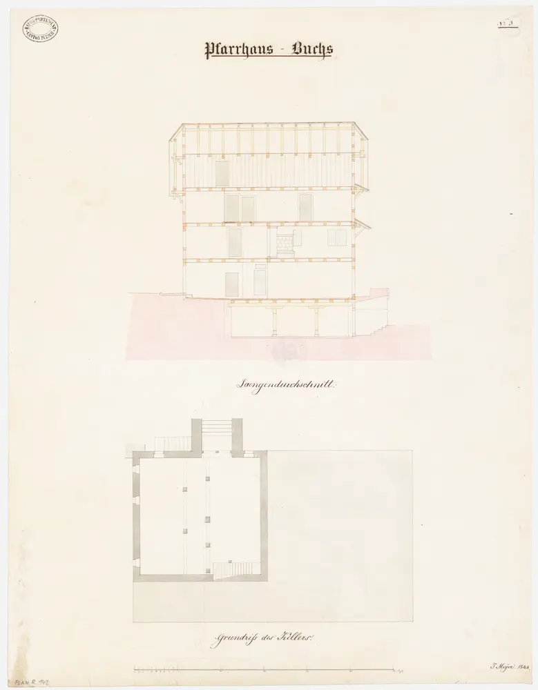 Buchs: Pfarrhaus; Längsschnitt und Grundriss des Kellers (Nr. 3)