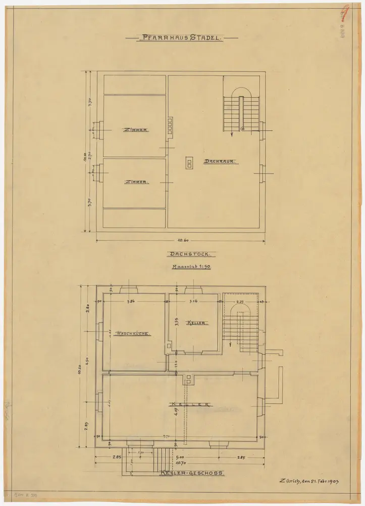 Stadel: Pfarrhaus, Keller und Dachgeschoss; Grundrisse (Nr. 9)