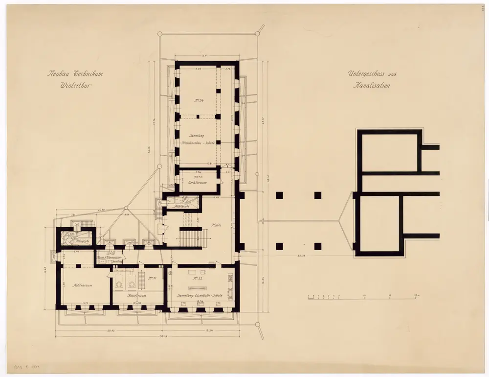 Winterthur: Technikum, Ostbau, Untergeschoss mit Kanalisation; Grundriss (Nr. 2)