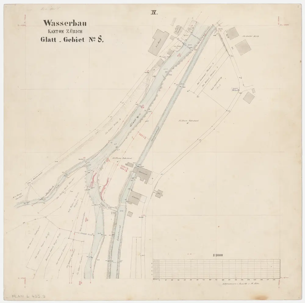 Rümlang bis Bülach: Glatt von der Mühle in Rümlang bis zum Zieglenwehr in Bülach; Grundrisse (Glatt-Gebiet Nr. 8): Blatt IV: Glatt bei der Spinnerei in Höri-Oberhöri; Grundriss (Glatt-Gebiet Nr. 8)