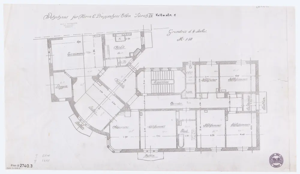 Wohnhaus für die Erben von C. Pruppacher, Voltastrasse 1: Grundrisse: 3. Stock; Grundriss