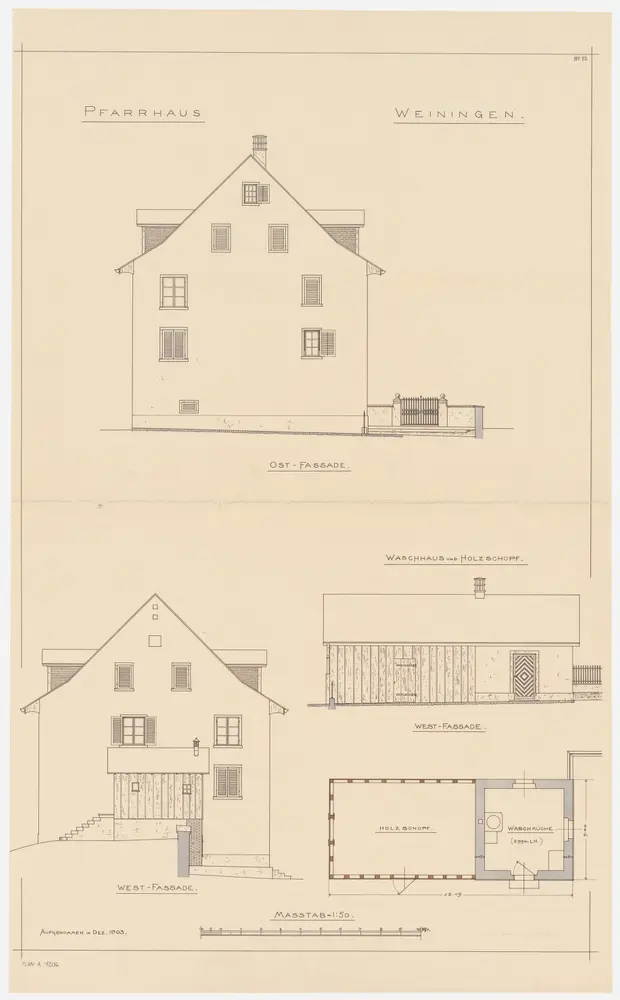 Weiningen: Pfarrhaus und Wasch- und Holzhaus; Grundriss und Westansicht des Wasch- und Holzhauses sowie Ost- und Westansichten des Pfarrhauses (Nr. 13)