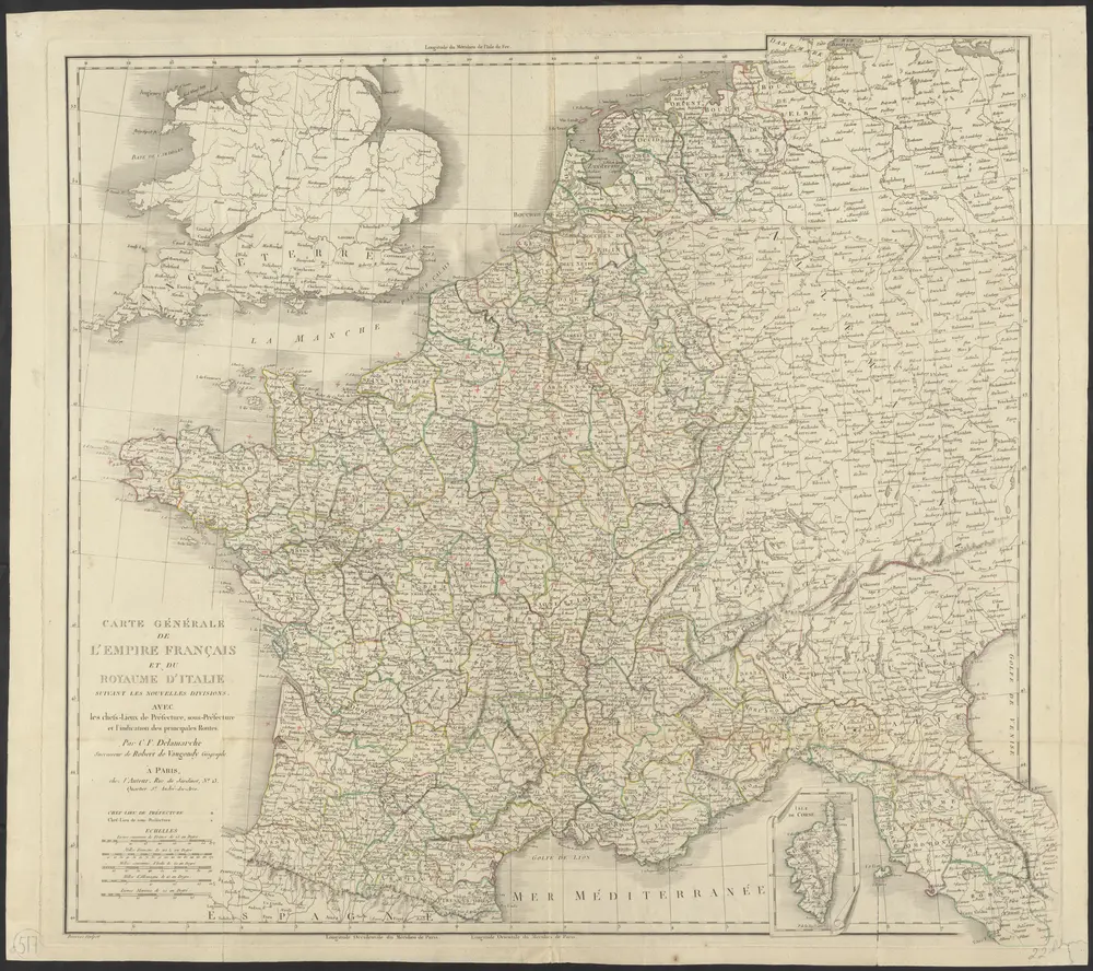 Carte générale de l'Empire Français et du Royaume d'Italie suivant les nouvelles divisions : avec les chefs-lieux de préfecture et l'indication des principales routes