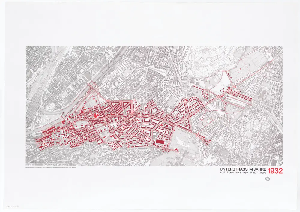 Historische Bauzustände der Zürcher Aussenquartiere in 48 Blättern: Unterstrass im Jahre 1932 auf einem Plan von 1986; Übersichtsplan