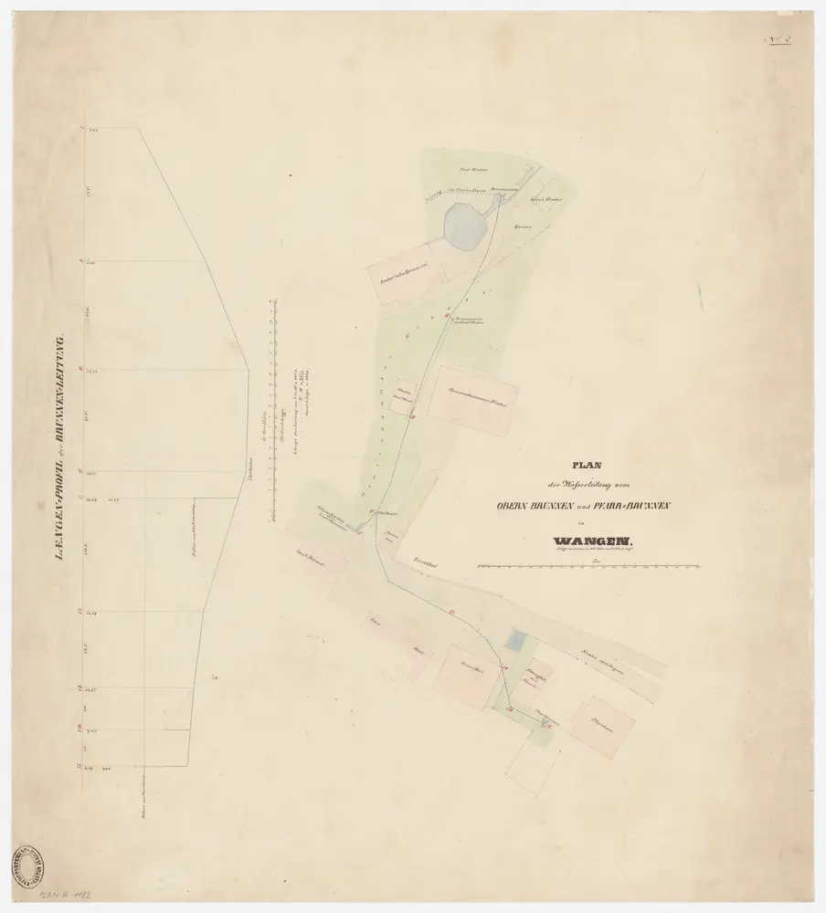 Wangen-Brüttisellen (damals Wangen): Pfarrhaus und Umgebung mit Brunnen und Brunnenleitungen; Grundriss und Längsprofil (Nr. 3)