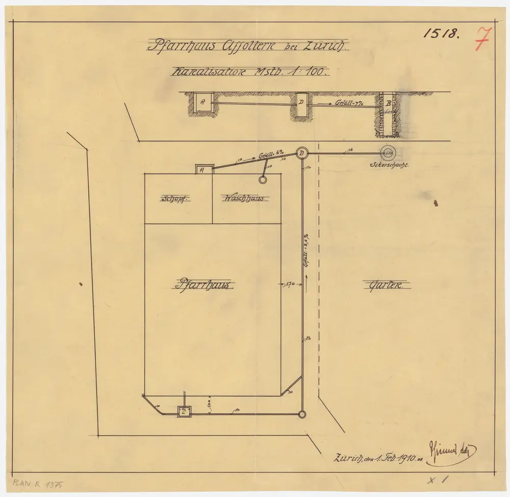 Affoltern bei Zürich: Pfarrhaus und Umgebung mit Kanalisation; Grundriss und Querschnitt (Nr. 7)