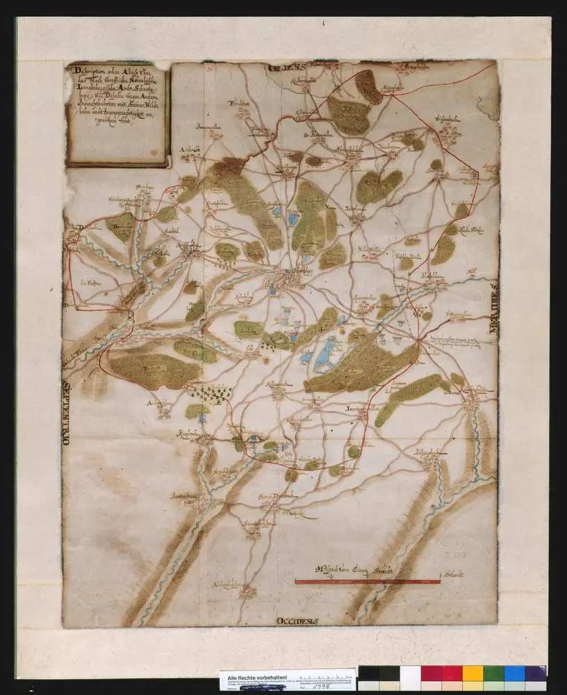 HZAN GA 100_Nr. 367_ : Schrozberg"Description oder Abriß über das hochgräfliche Hohenlohe-Langenburgische Amt Schrozberg" mit Eintrag der Wild- und Jagensgerechtigkeitsgrenzen[1 Stunde = 15,8 cm; 4 cm = 1 km];48 x 62 cm; Norden links;Kartenrand: Kleinbärenweiler-Ehringshausen; Wiesenbach-Billingsbach; Alkershausen; Wildentierbach;Papier auf Leinwand; Federzeichnung mit Schraffen; Siedlungen natürlich dargestellt; Wälder und Gewässer in Wasserfarben.