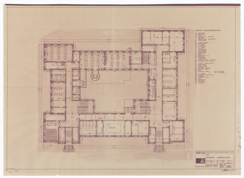 Universität Zürich (Chemisches Institut) und Kantonsschule Zürich, Rämistrasse 74 und 76: Grundrisse: 1. Obergeschoss; Grundriss