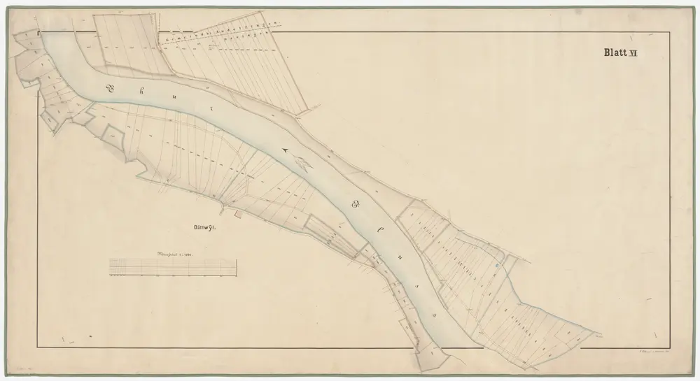 Ossingen, Adlikon, Andelfingen (damals Grossandelfingen), Kleinandelfingen: Von oberhalb Dätwil bis unterhalb Werdhof, Thurkorrektion, Katasterplan Blatt VI; Situationsplan (Thur-Gebiet Nr. 26 f)