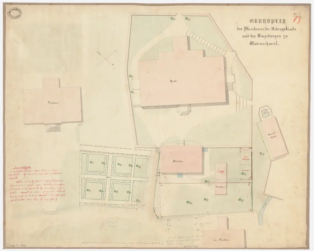 Wädenswil: Kirche, Pfarrhaus und Umgebung mit neu projektiertem Holz- und Waschhaus; Grundriss (Nr. 13)