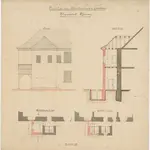 Pflegeanstalt Rheinau: Gasthaus, projektierter Abortanbau; Ansicht, Grundriss und Schnitt