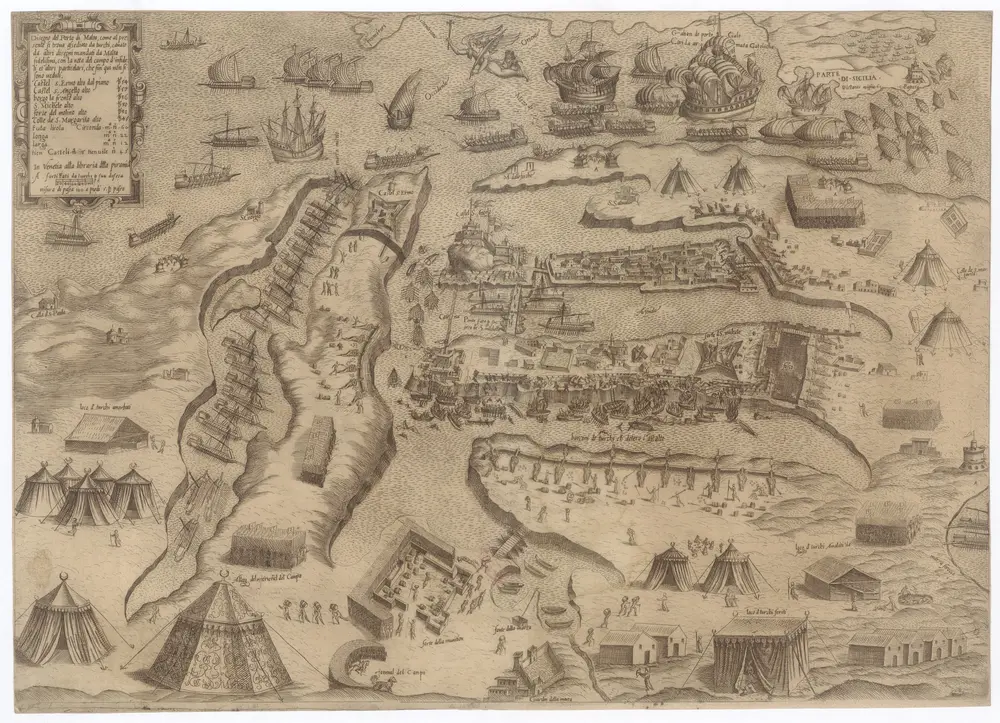 Disegno del Porto di Malta, come al[abaster] presente si troua assediato da turchi, cauato da altri disegni mandate da Malta fidelisimi, con la nota del campo d’infideli et altri particolari, che fin qui non mandate da Malta fidelisimi, con la nota campo d’infideli et altri particolari, che fin qui non si sono ueduti