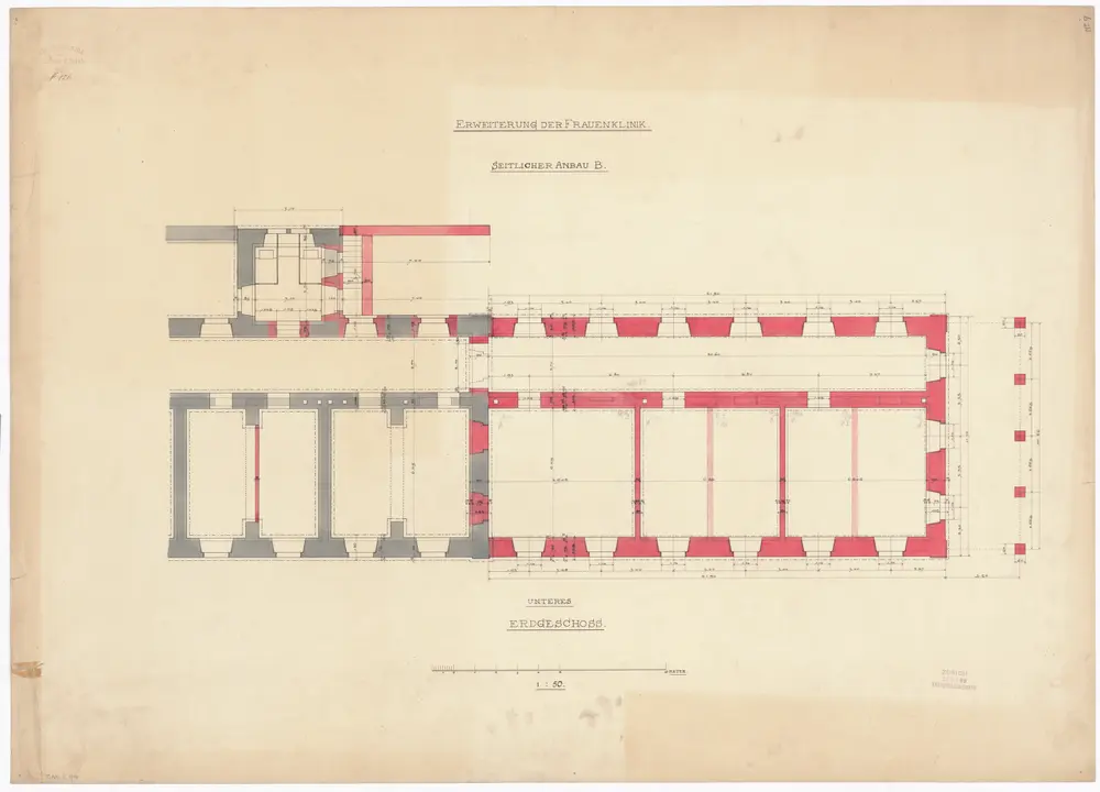 Frauenklinik Zürich: Erweiterung, seitlicher Anbau B; Unteres Erdgeschoss; Grundriss