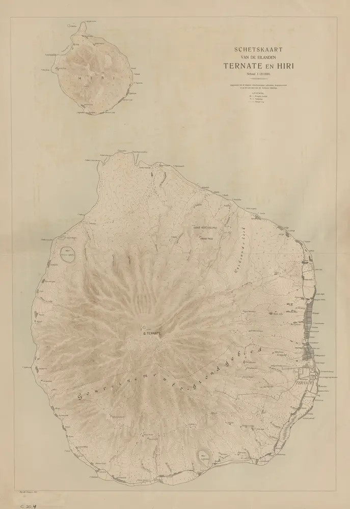 Schetskaart van de eilanden Ternate en Hiri / [door de] Top[ographische] Inr[ichting] Batavia ; Opgenomen met de boussole-tranchemontagne, zakkompas, hoogtebarometer en op den pas door den Inl[andsche] verkenner Makatipu