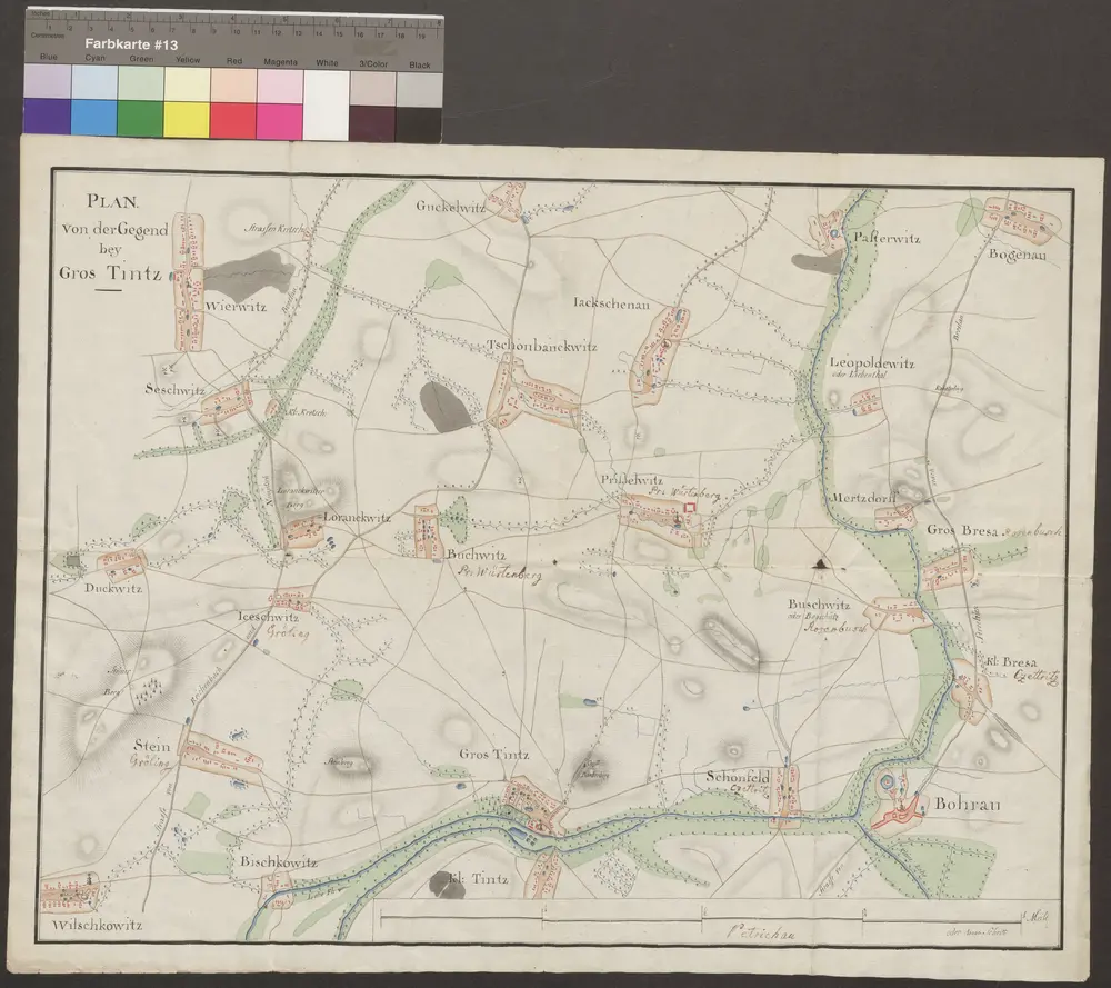 HZAN GA 100_Nr. 746_ : Tintz; "Plan von der Gegend bei Groß-Tintz";ohne Verfasser;1 Meile oder 10.000 Schritt = 31 cm;50 x 37 cm;Kartenrand: Guckelwitz-Pasterwitz; Duckwitz; Wilschkowitz-Kleinzintz; Groß- und Kleinbresa;Papier; Federzeichnung mit Schraffen; Siedlungen im Grundriß; Straßen, Gewässer, Talauen und Wälder in Wasserfarben.