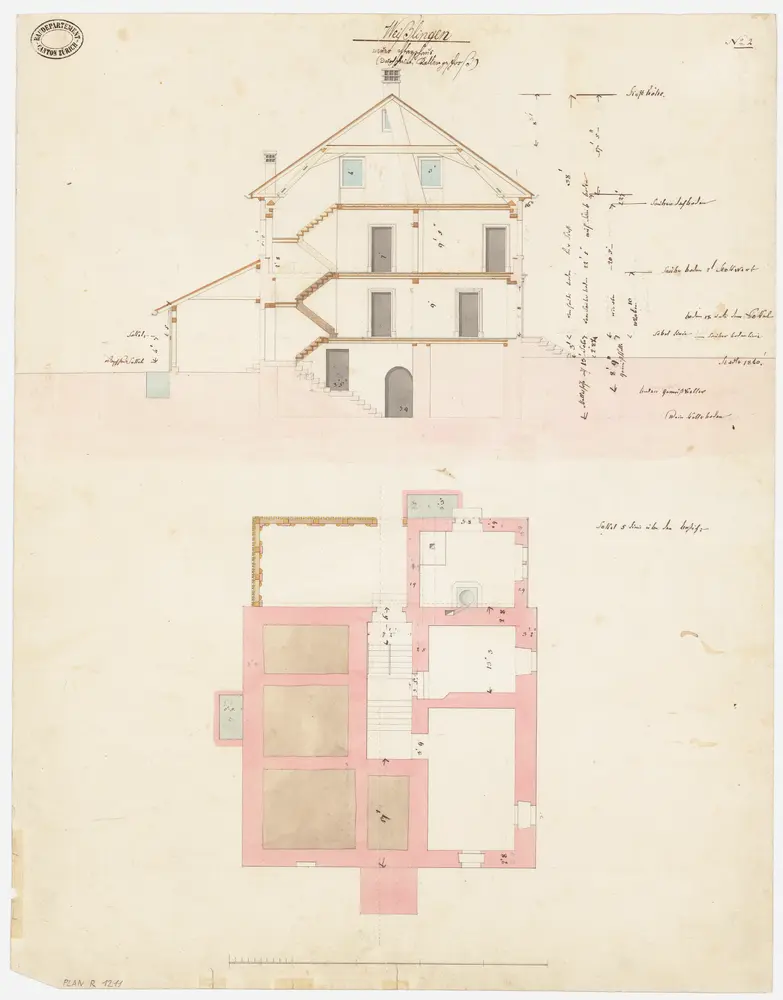 Weisslingen: Neues Pfarrhaus; Grundriss des Kellers und Querschnitt (Nr. 2)