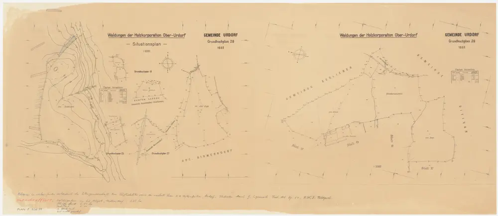 Urdorf: Gemeinde- und Genossenschaftswaldungen Oberurdorf: Oberurdorfer Genossenschaftswaldung mit Chlihäuli (Kleinhäuli), Honeret (Hohneret), Buechholz (Buchholz), Vogelsang, Tüchelroos (Teuchelroos), Pflanzgarten, Hau, Sandloch, Asp, Foren (Fohren); Grundrisse