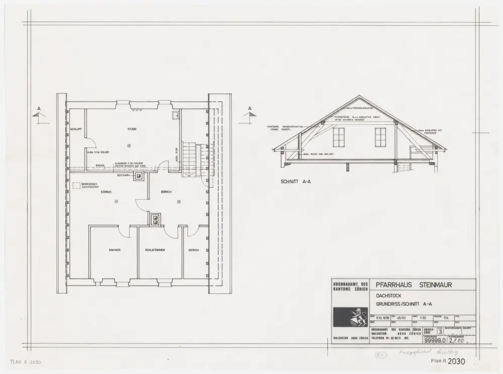 Steinmaur: Pfarrhaus, Dachgeschoss; Grundriss und Querschnitt