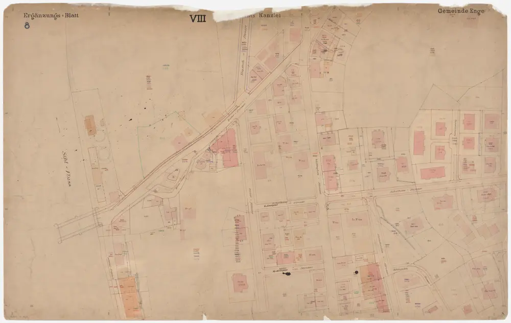 Enge: Gemeinde; Katasterpläne und Kataster-Ergänzungspläne: Ergänzungsblatt VIII: Gegend bei Lessingstrasse, Bederstrasse, Rieterstrasse, Schulhausstrasse, Steinhaldenstrasse und Sihl; Situationsplan