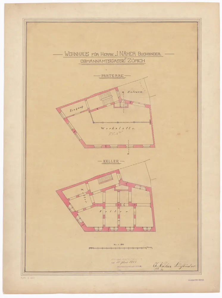 Neubau des J. Naeher, Obmannamtsgasse 21: Keller und Erdgeschoss; Grundrisse