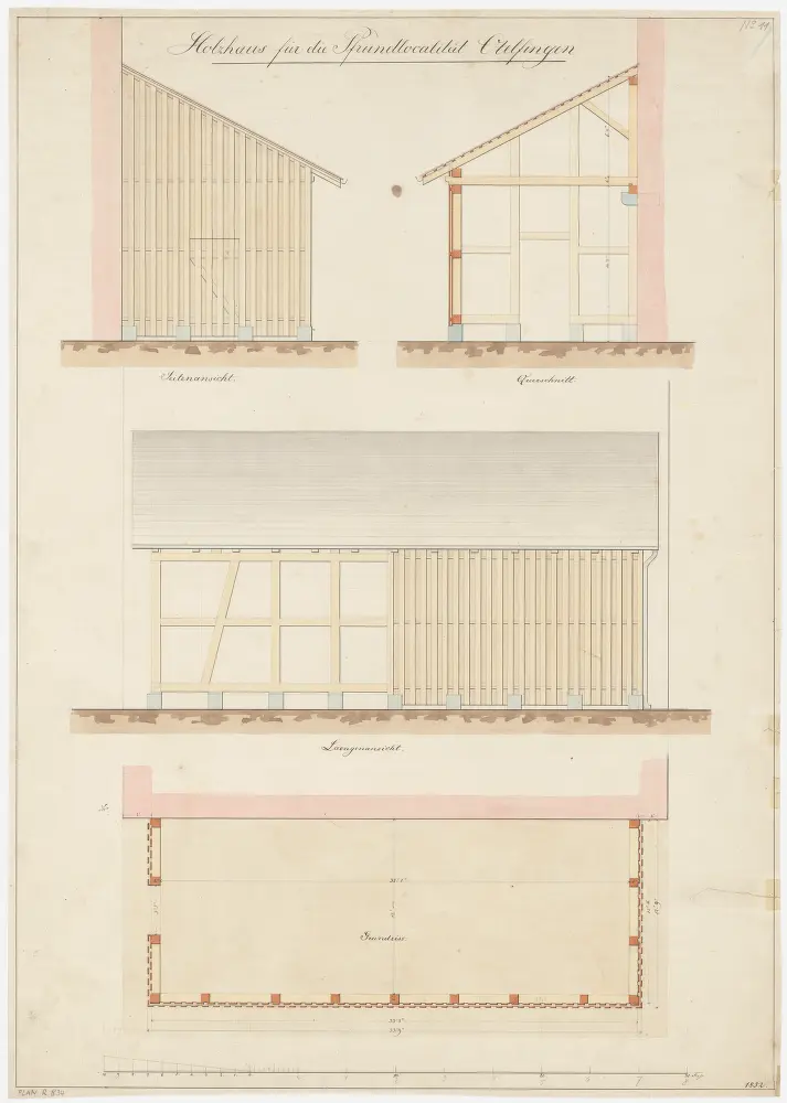 Otelfingen: Holzschuppen; Grundriss, Ansichten und Querschnitt (Nr. 11)