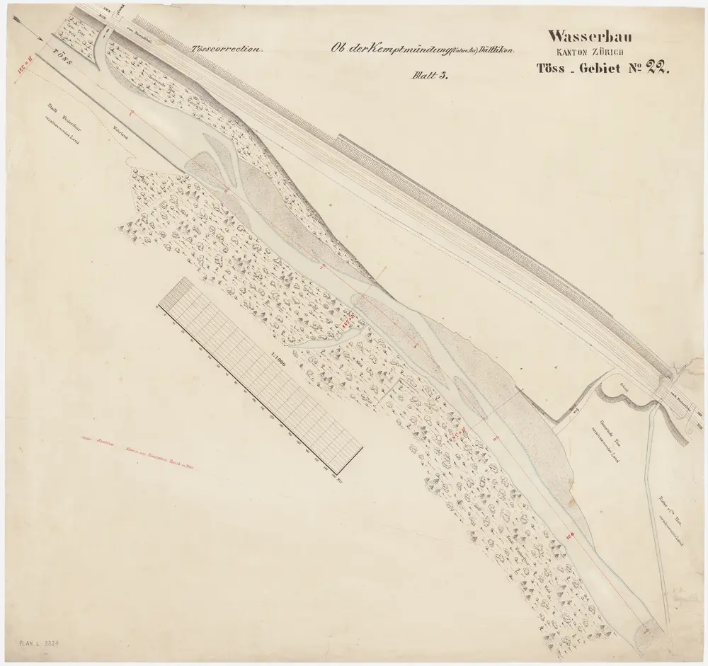 Töss, Winterthur: Von der Einmündung der Kempt bis zum Kanaleinlauf der Steigmühle, Tösskorrektion; Situationsplan (Töss-Gebiet Nr. 22, Blatt 3)