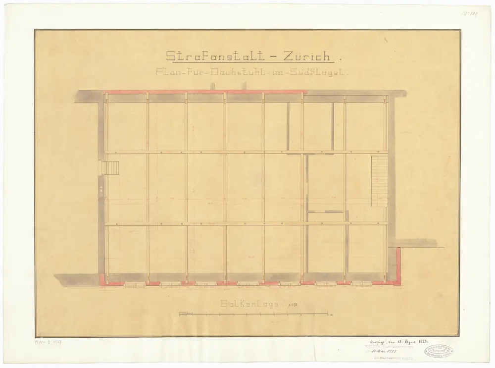 Kantonale Strafanstalt Oetenbach: Südflügel, Dachstuhl; Balkenlage