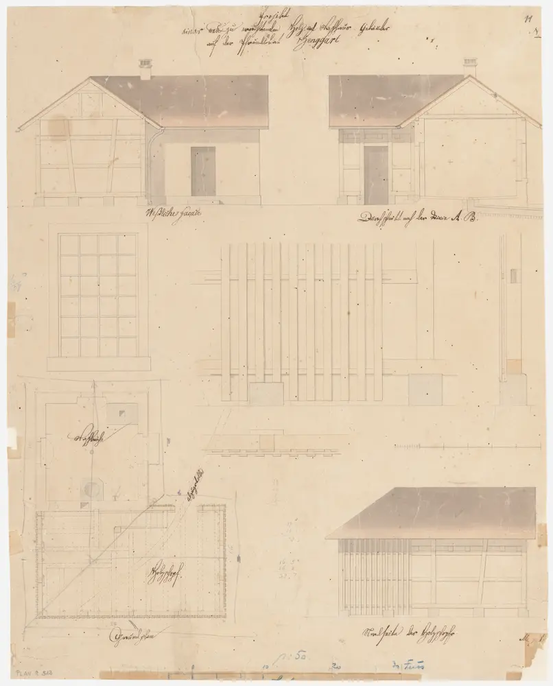 Henggart: Neu projektiertes Holz- und Waschhaus; West- und Nordansichten, Querschnitt, Grundriss und Detailansichten (Nr. 11)