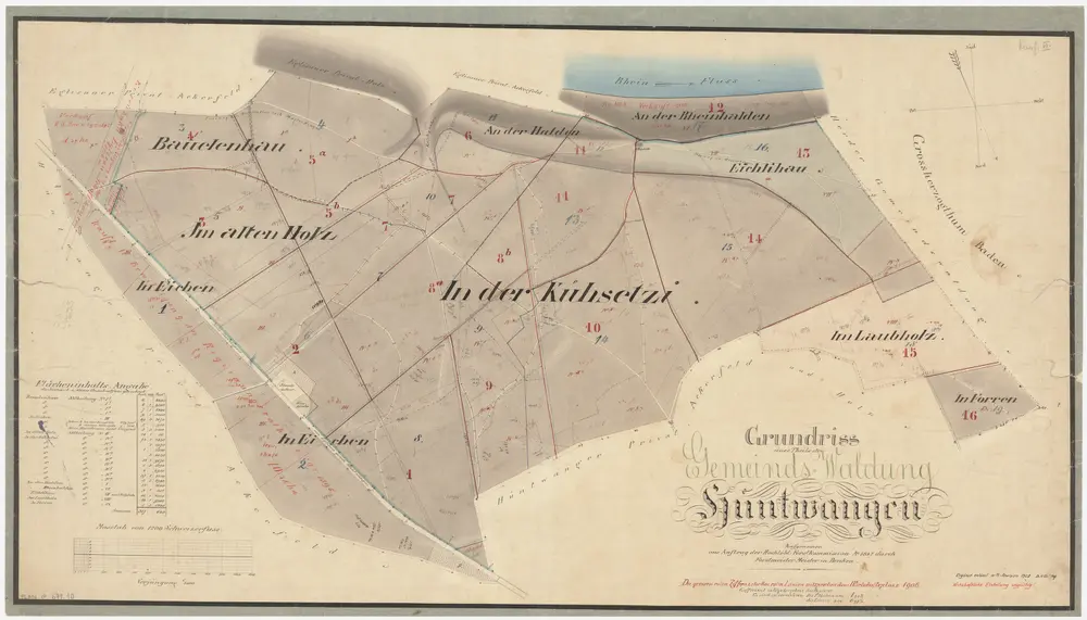 Hüntwangen: Gemeindewaldung: Eichlihau, Chüesetzi (In der Kühsetzi), Eichen, Altholz (Im alten Holz), Bauelhau (Bauelenhau), Rihalden (An der Rheinhalden), Halden, Im Laubholz, In Forren; Grundriss