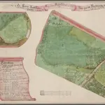 HZAN GA 100_Nr. 209_ : Künzelsau; "Grundriß ... der von den Herren von Stetten abgekauften drei Hölzer Schipperg, Galgenberg und Birkenschlag";ohne Verfasser;70 Ruten = 10,6 cm;57,5 x 40,5 cm; Norden unten nach links;Papier; Aquarell; Hervorhebung des Baumbestands; Eintrag der Grenzsteine; links unten Beschreibung und Berechnung der einzelnen Hölzer.