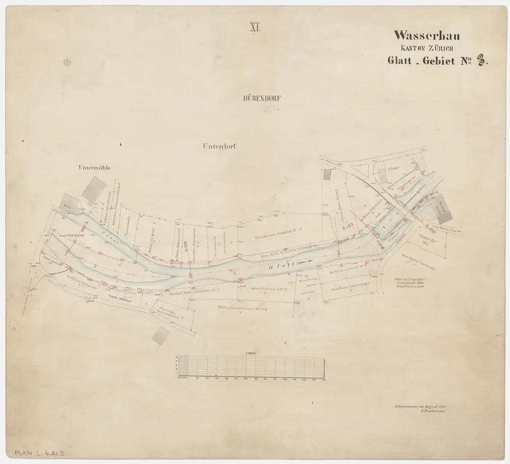 Fällanden bis Wallisellen: Greifensee bis zum Neugut in Wallisellen, projektierte Glattkorrektion; Grundrisse (Glatt-Gebiet Nr. 3): Blatt XI: Glatt in Dübendorf-Unterdorf; Grundriss (Glatt-Gebiet Nr. 3)