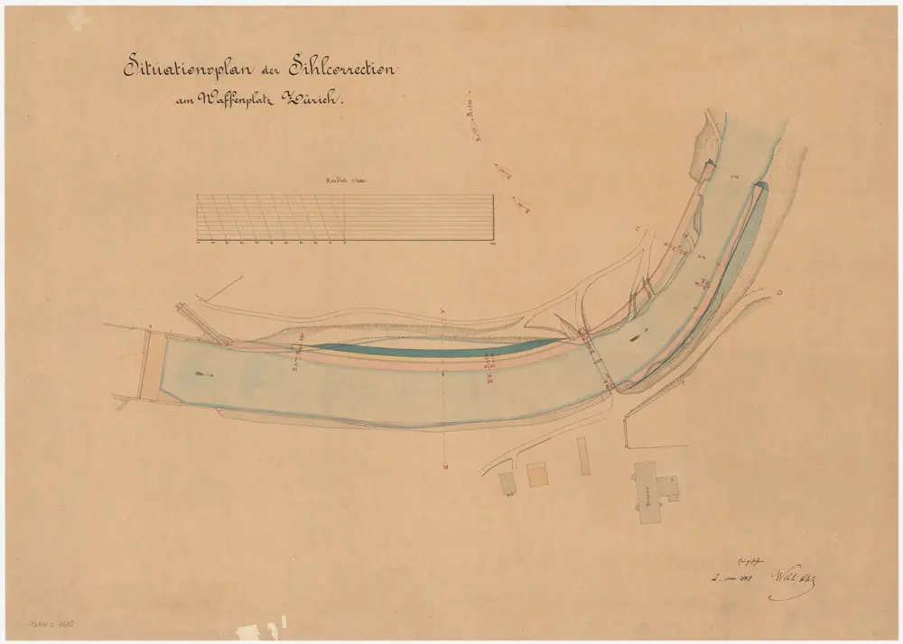 Wiedikon, Wollshofen, Enge: Unterhalb des unteren Wehrs der Papierfabrik, am Waffenplatz, Sihlkorrektion; Situationsplan