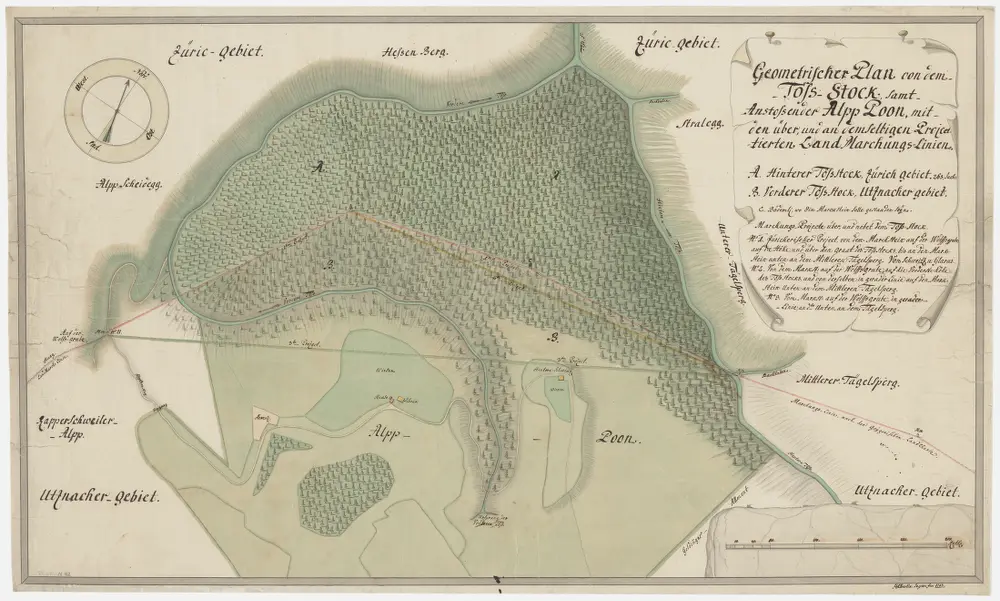 Grenze zwischen der Landvogtei Grüningen und der Grafschaft Uznach beim Tössstock und der Boalp (ältere Schreibweise: Poo-Alp) von der Wolfsgrube bis zum Mittleren Dägelsberg; Grundriss