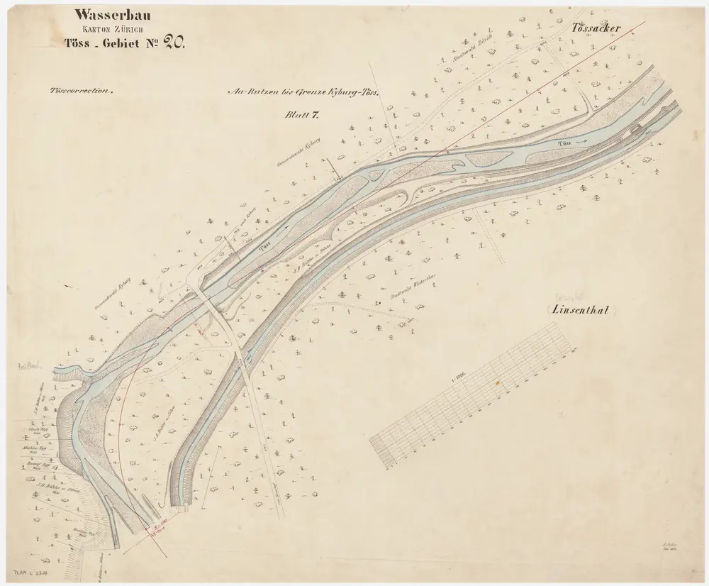 Kyburg, Winterthur: Von oberhalb der Einmündung des Brülbachs bis Tössacker, Linsental, Tösskorrektion; Situationsplan (Töss-Gebiet Nr. 20, Blatt 7)