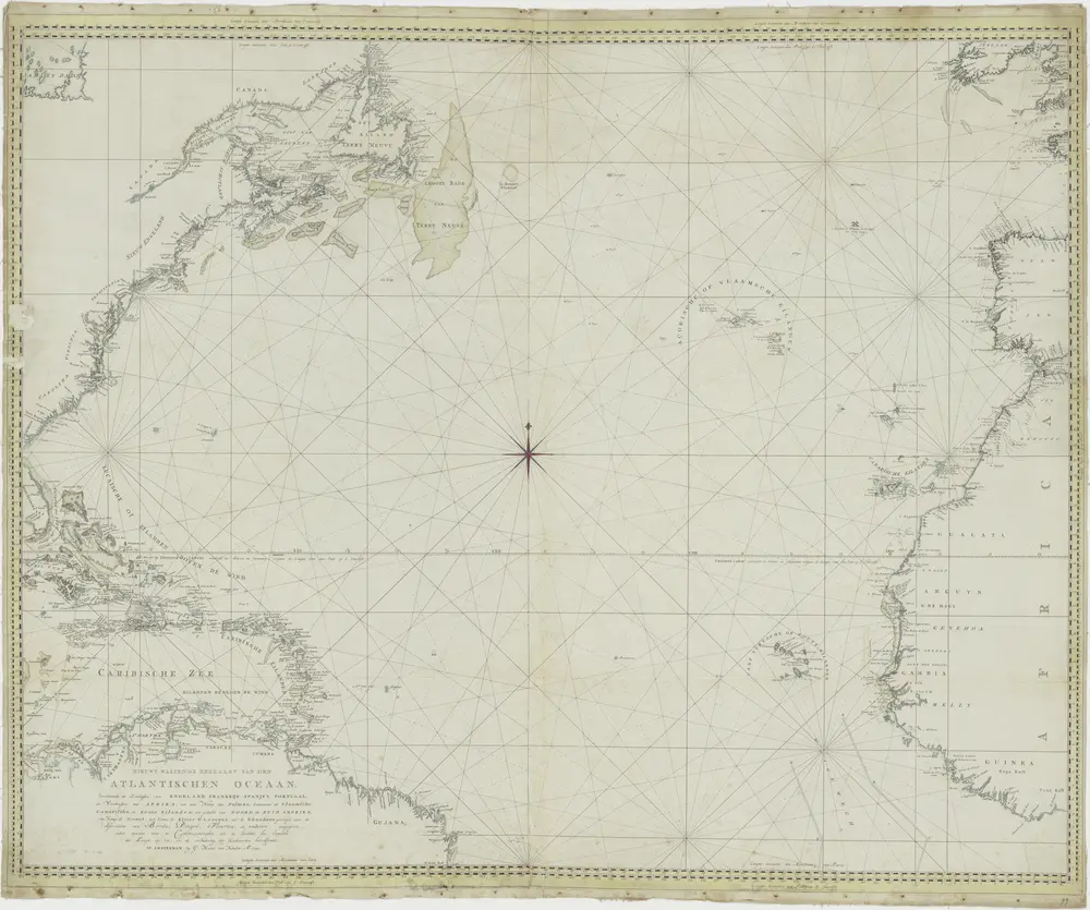 Nieuwe Wassende Zeekaart van den Atlantischen Oceaan; bevattende de Zeekusten van Engeland, Frankrijk, Spanje, Portugal, de Westkust van Afrika tot aan kaap das Palmas, benevens de Vlaamsche, Canarische en Zoute Eilanden, een gedeelte van Noord- en Zuid-Amerika, van Kaap de Noord tot boven de rivier St. Laurens, met de eilanden enz.