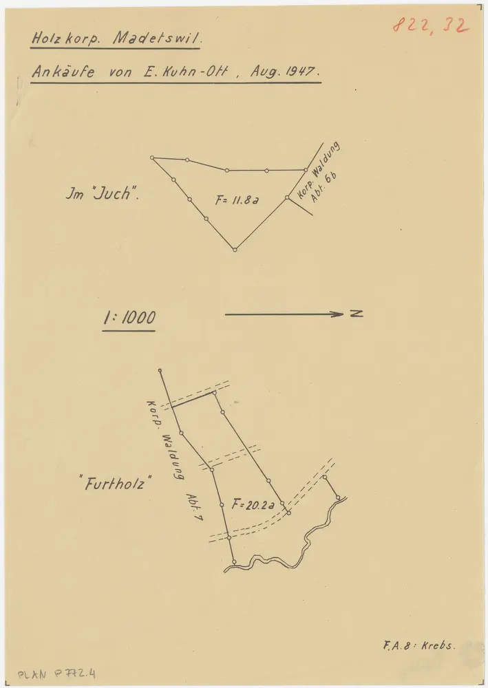 Russikon: Genossenschaftswaldung Madetswil: Durch die Holzkorporation Madetswil angekaufte Landstücke von E. Kuhn-Ott im Juch und im Furtholz; Grundrisse